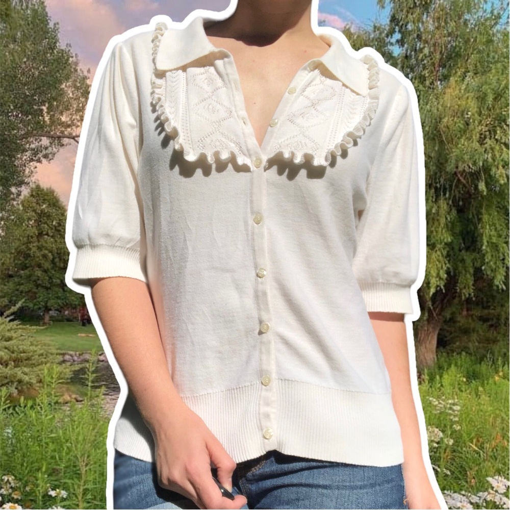 Route 66 Ruffled Pointelle Collar Puff Sleeve White Cardigan, Size XL
